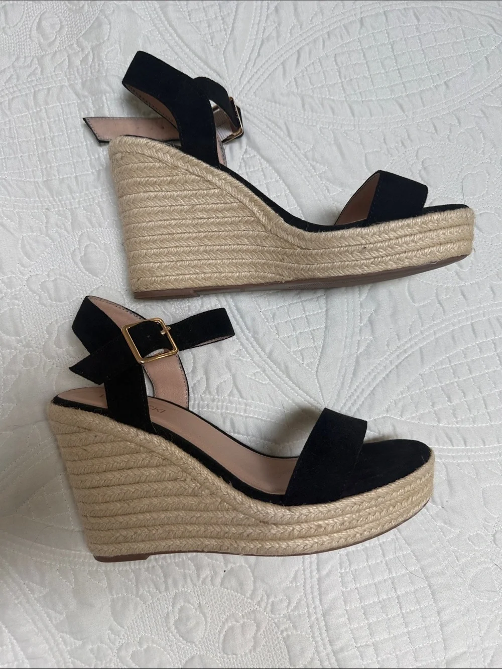 Black Espadrille Wedge Sandals with Ankle Buckle